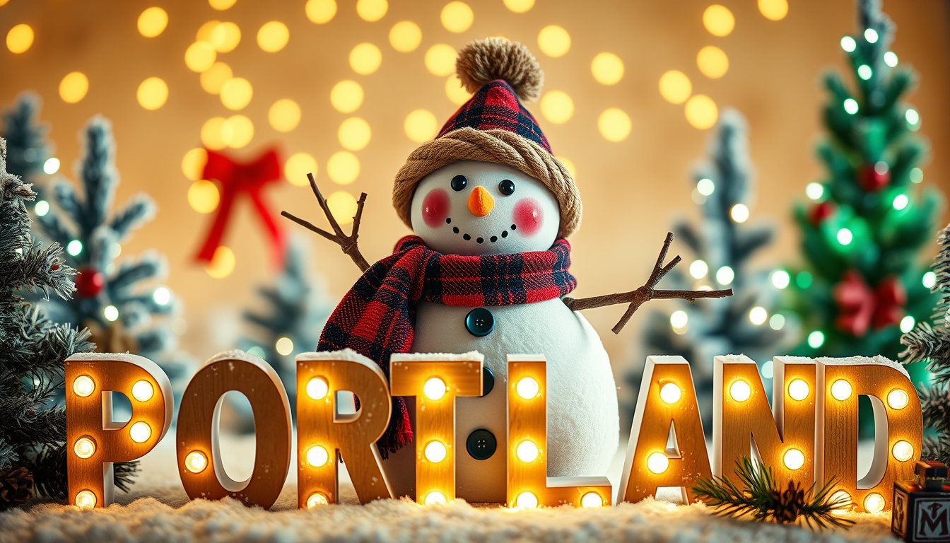 Cute snowman in front of lit letters spelling PORTLAND